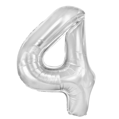 Zahlenballon 4 Silber, 100 cm – mit Helium gefüllt