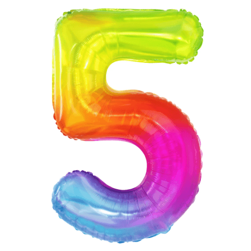 Zahlenballon 5 Regenbogen, 100 cm – mit Helium gefüllt